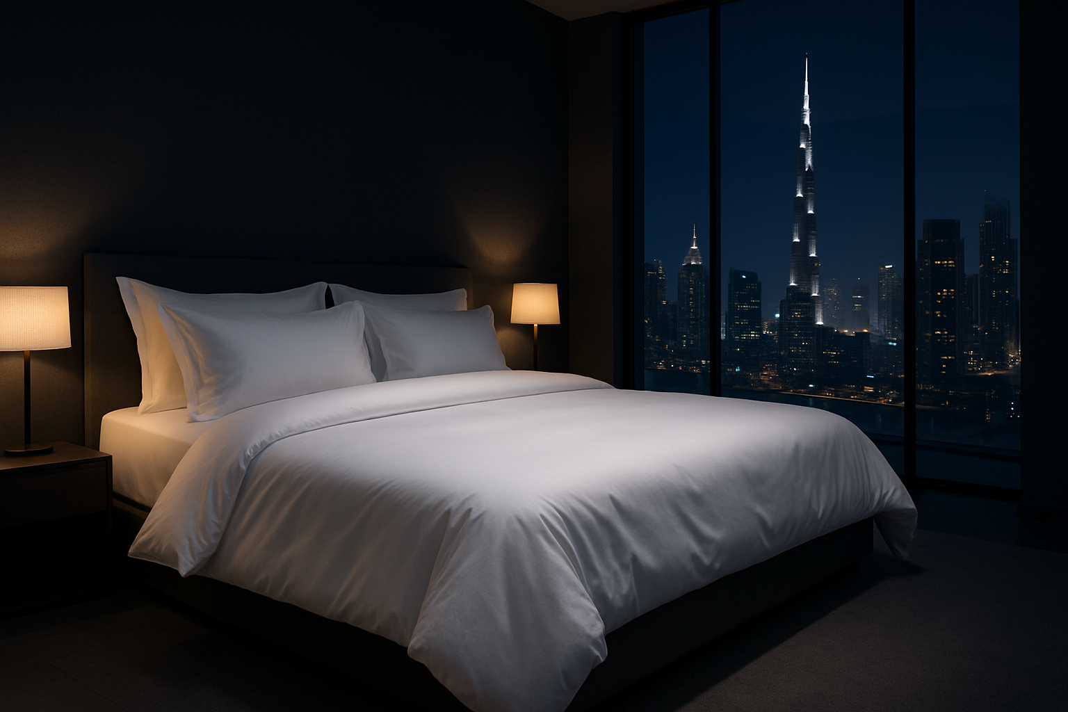egyptian cotton bed duvet sheet on a nice double bed, luxury apartment/house, dubai skyline in background, minimilistic, white bed sheet, nice dark vibe but make itn pop